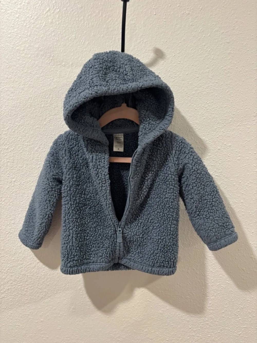 Hooded blue-gray Carter's sherpa fleece baby jacket featuring full front zipper